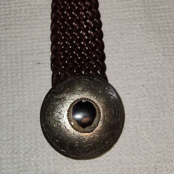 Anthropologie Motiv 56 brown leather braided belt with round engraved buckle main image 6